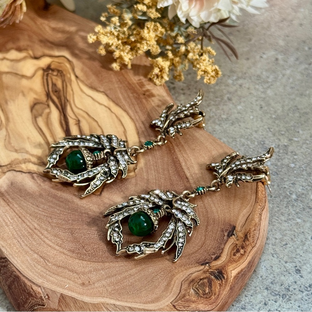 💖4/$30 Elegant Gold and Green Leaf Drop Earrings - Picture 6 of 6